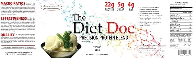 Precision Protein Blend- 100% Grass Fed Whey Protein Concentrate and Isolate Blend - 22g of Protein - 32 Servings - 2.2lb - Vanilla Bean