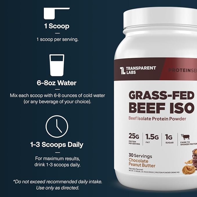 Transparent Labs Grass-Fed Beef Isolate Protein Powder – Naturally Flavored Dairy-Free Protein with 25g of Protein per Serving for Increased Recovery &amp Strength - 30 Servings Chocolate Peanut Bu