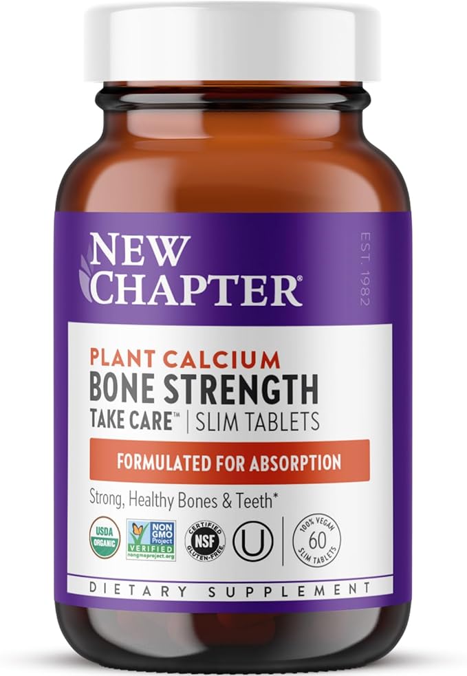 New Chapter Calcium Supplement - Bone Strength Plant-Based USDA Organic Calcium with Magnesium Vitamin D3+K2 for Bone Health &amp Joint Mobility Heart Support 905 mg dose - 60 Slim Tablets