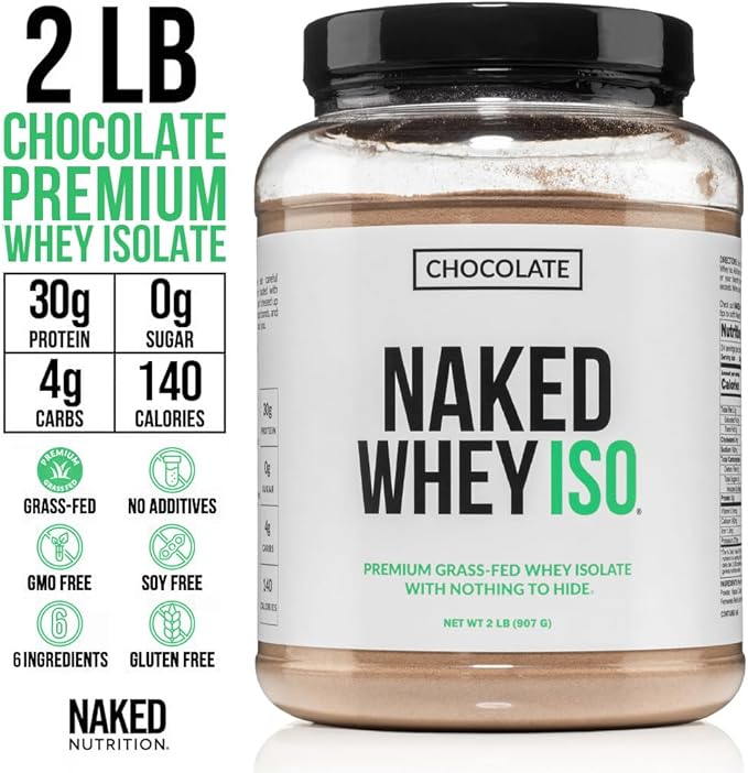 NAKED Chocolate Whey Isolate Protein - Only 6 Ingredients 30g Grass-Fed Protein Undenatured No GMO No Soy Gluten-Free No Preservatives - 24 Servings