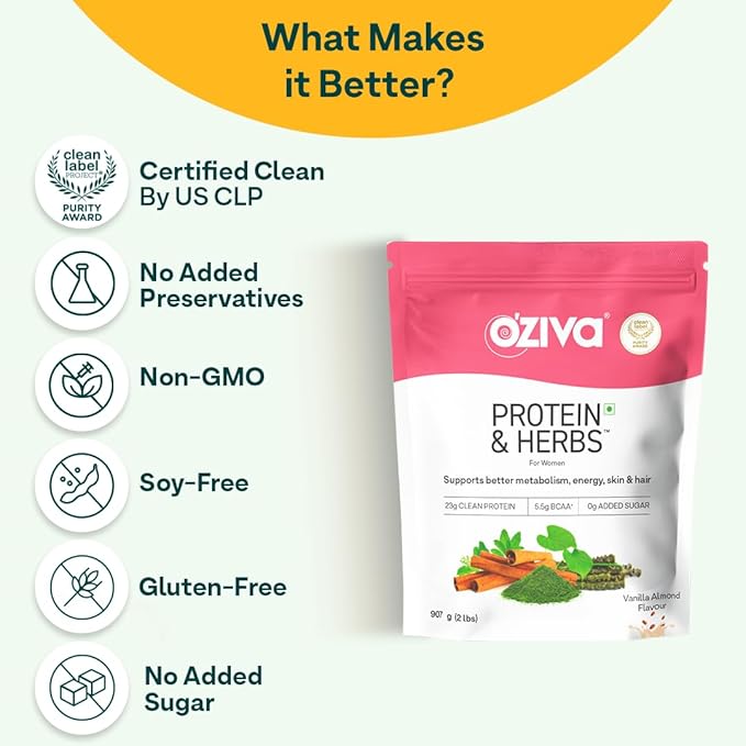 OZiva Protein &amp Herbs Women with Multivitamins Curcumin Shatavari Tulsi for Improved Metabolism Hormonal Balance &amp Skin Hair Health 2.2 lbs Vanilla Almond. Soy Free Gluten Free Non G