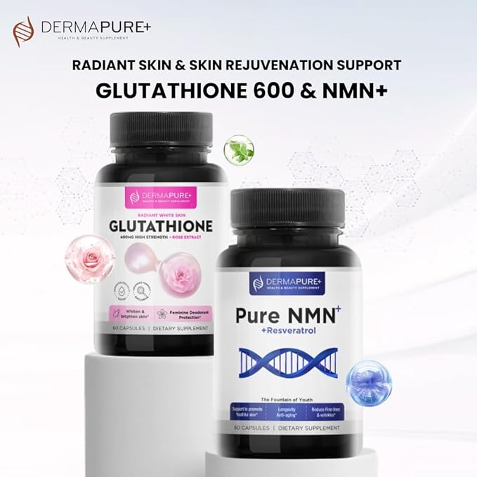 Dermapure Glutathione Whitening Pills 2-in-1 600mg with Rose Oil Extract – Skin Lightening &amp Deodorant Supplement - Dark Spots Acne Scars &amp Hyperpigmentation – Made in USA 60 Capsules (1 Pa