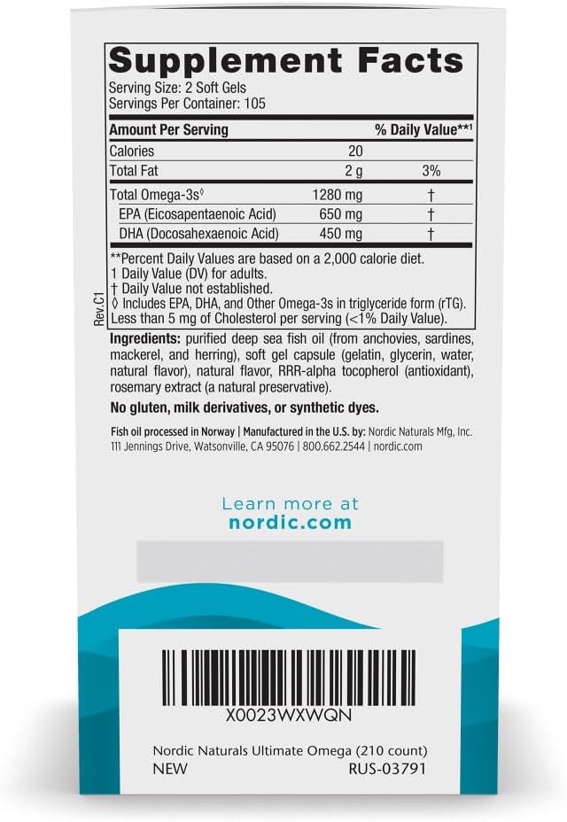 Nordic Naturals Ultimate Omega Lemon Flavor - 210 Soft Gels - 1280 mg Omega-3 - High-Potency Fish Oil with EPA &amp DHA - Promotes Brain &amp Heart Health - Non-GMO - 105 Servings