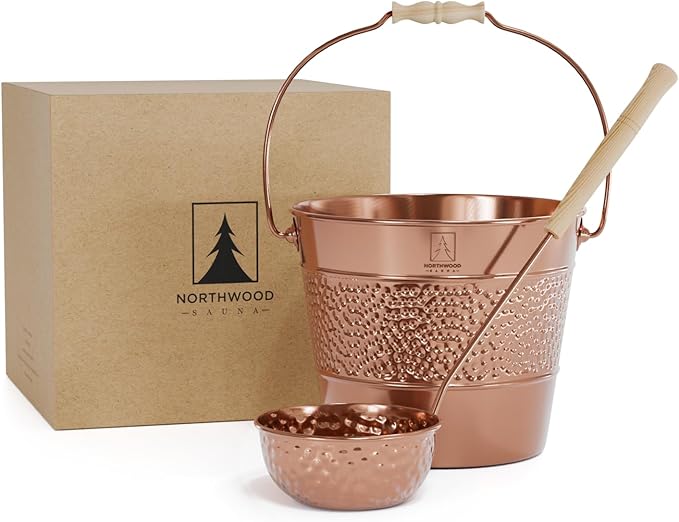 Sauna Bucket and Ladle Set - Handmade from 100% Pure Copper - Eucalyptus Wood Handles - 1 Gallon (4 Liters) Water Capacity