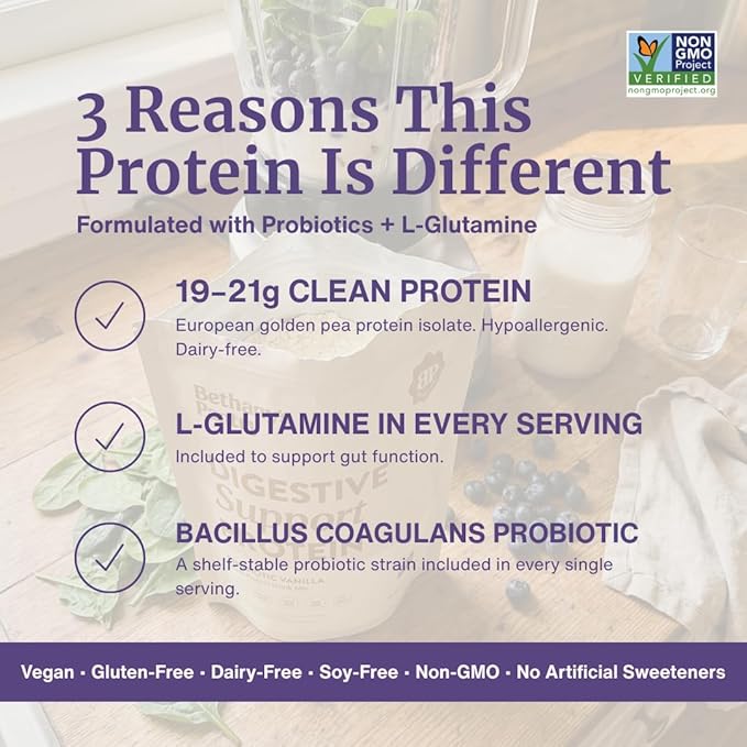 BETHANY'S PANTRY Digestive Support Protein Powder - Vegan Pea Protein with Probiotics &amp L-Glutamine - Only 5 Ingredients Non-GMO Project Verified No Artificial Sweeteners Gluten Free (Cocoa)