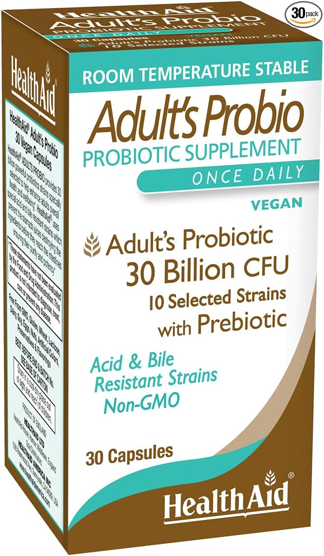 HealthAid AdultsProbio 30 Billion 10 Strains Once Daily 30ct 30 Billion with Prebiotic Acid &amp Bile Resistant Strains Dairy &amp Gluten Free Vegan