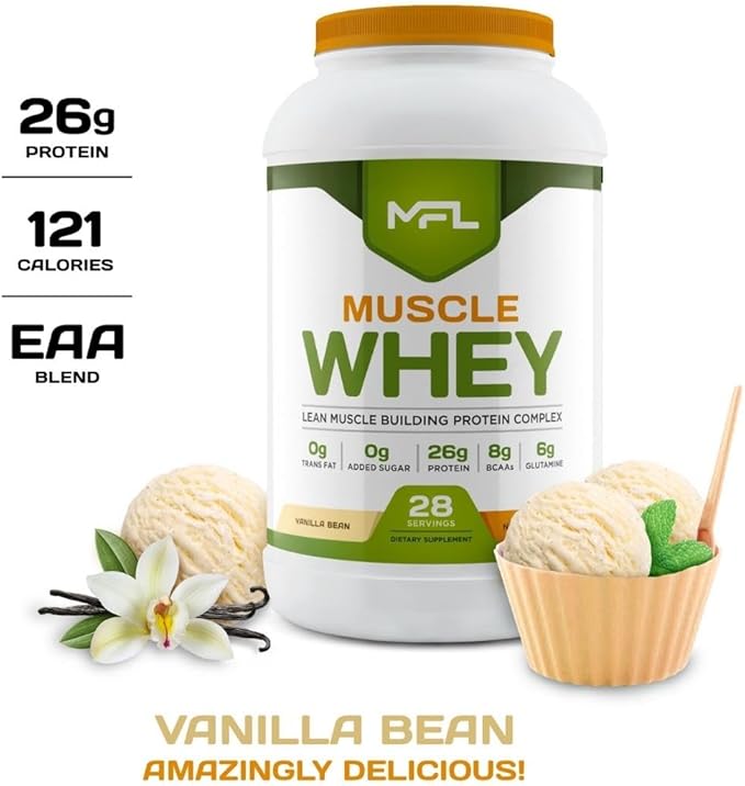 MFL Muscle Whey Protein l 28g of Protein l 8g BCAAs l Keto Friendly l Low Carbs l 2 lbs (Vanilla Bean)