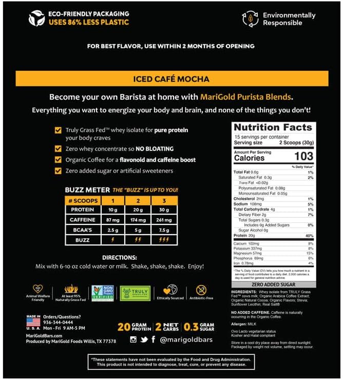 MariGold High Protein Coffee - Iced Café Mocha 20g Grass Fed Whey Protein Isolate Energy &amp Workout Boost 2 Shots Organic Espresso Non-GMO 2 Net Carb 1 Lb Bag 15 Servings