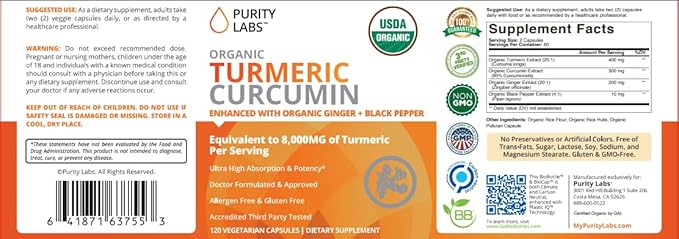 USDA Organic Turmeric Curcumin Capsules 8000mg Equivalent with Black Pepper &amp Organic Ginger for Absorption High Potency Turmeric Supplement for Joint Support &amp Inflammation 120 Vegetarian C