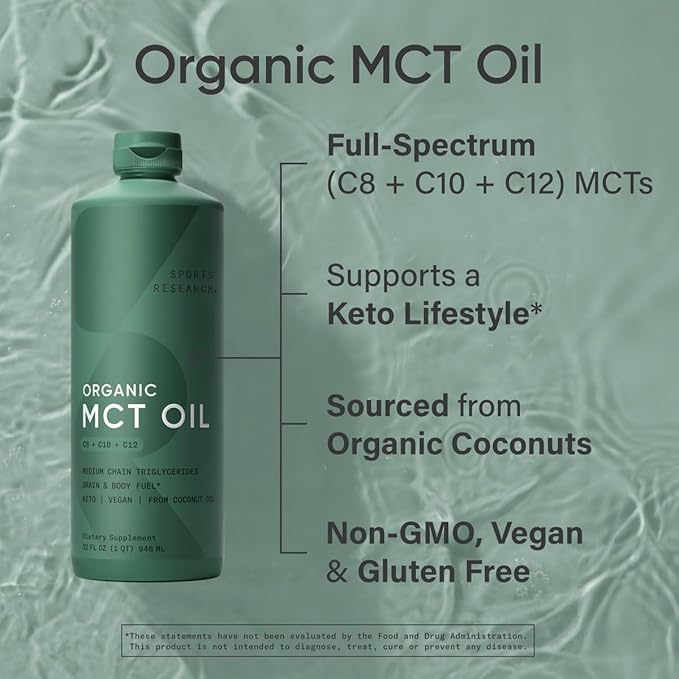 Sports Research Collagen Peptides Hydrolyzed Type 1 &amp 3 Collagen Powder Protein Supplement Keto MCT Oil from Organic Coconuts - Triple Ingredient C8 C10 C12 MCTs and Vitamin D3 K2 with Coconut