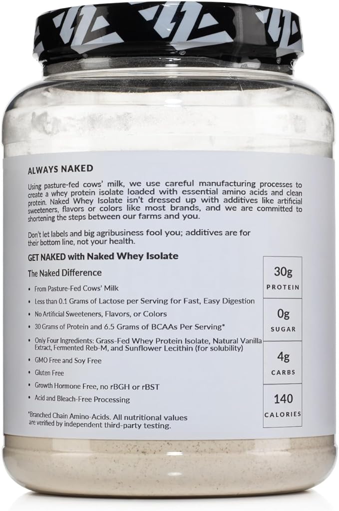 NAKED Vanilla Whey Isolate Protein - Only 4 Ingredients 30g Grass-Fed Protein Undenatured No GMO No Soy Gluten-Free No Preservatives - 24 Servings