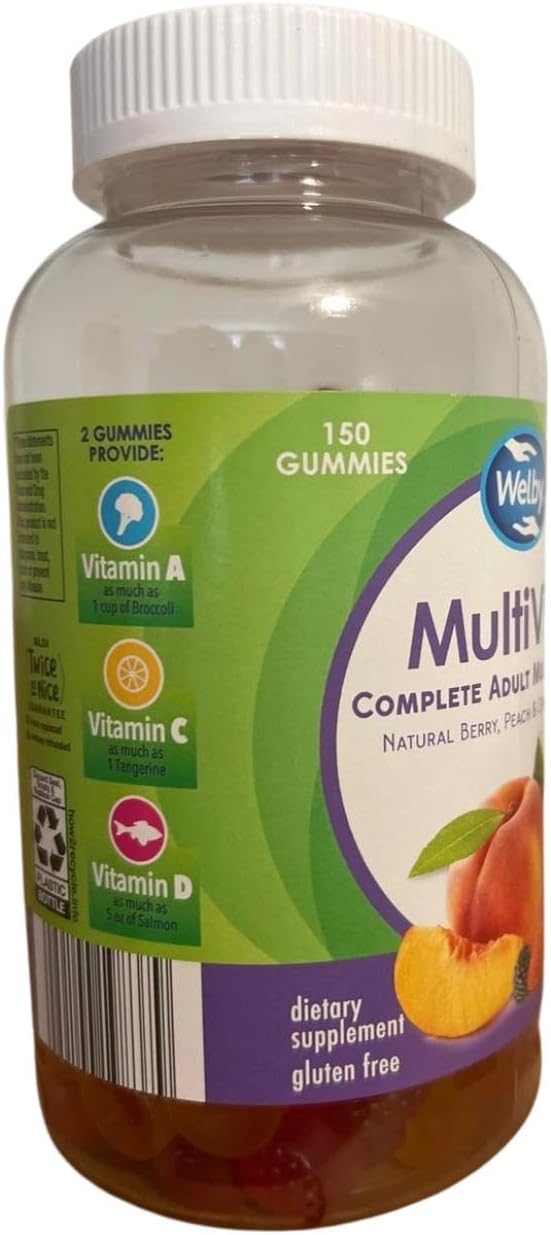 Generic Multivite Complete Adult Multivitamin Natural Berry Peach and Orange Flavors Dietary Supplement Gluten-Free 150 Gummies Friuty