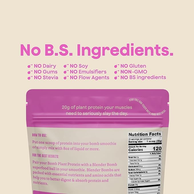 The Bomb Co. Bomb Plant Protein Protein Powder with 20g Protein Amino Acids Zero Sugar Pea Protein Chia Seeds Pumpkin Seeds Vanilla &amp Monk Fruit Gluten Free Vanilla Flavor 20 Srvgs