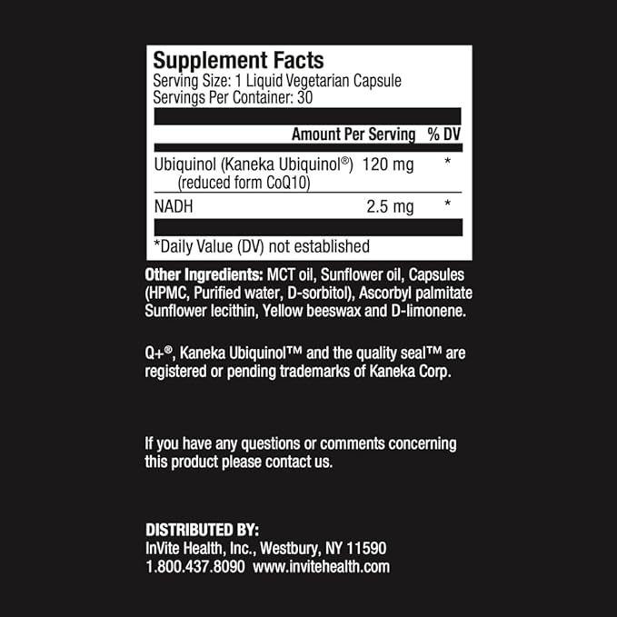 Invite Health CoQ10 (Ubiquinol) and NADH - Coenzyme Supplement Supports Cardiovascular and Brain Health - Contains Kaneka Ubiquinol for Better Absorption - 30 Liquid Filled Vegetarian Capsules