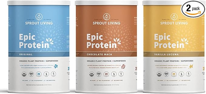 Sprout Living Epic Protein Bundle - Original Chocolate Maca &amp Vanilla Lucuma (20g Organic Plant-Based Protein Powder Vegan Superfoods) | 2lb 24 Servings