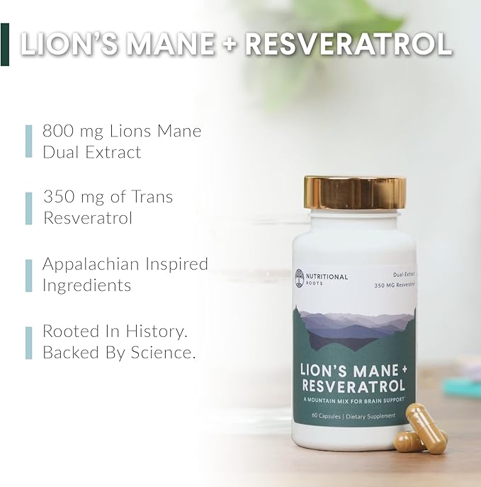 Nutritional Roots - Lion’s Mane + Resveratrol - With 800mg Lion’s Mane Extract &amp 350mg Trans-Resveratrol Per Serving - Supports Brain &amp Heart Health - Dietary Supplement - 1 Month Supply - 60