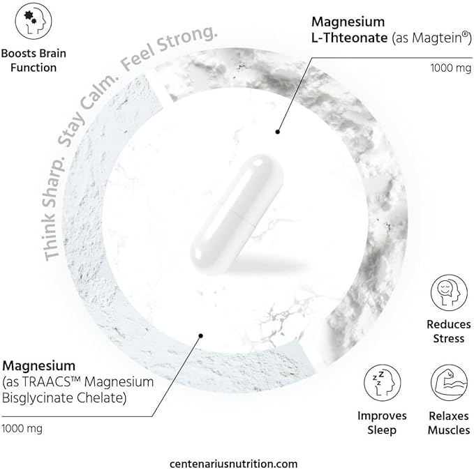 Centenarius Nutrition Dual Mag Power – Advanced Magnesium Complex with Magtein &amp TRAACS for Focus Sleep Muscle Recovery &amp Energy Balance