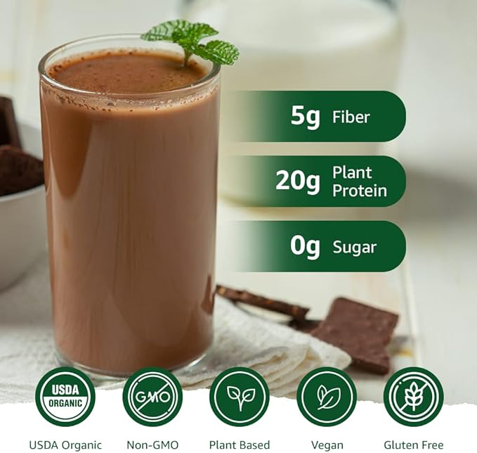 Opportuniteas Organic Plant Based Protein Powder 20g Vegan Protein from Pea Pumpkin and Rice No Sugar Non-GMO Gluten-Free Creamy Chocolate 1 lb