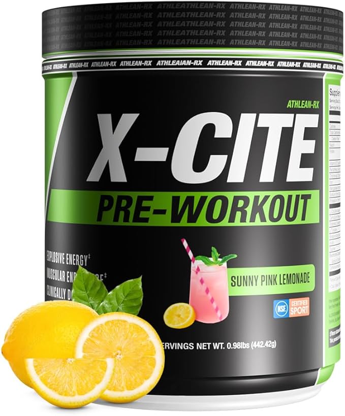 X-CITE Pre-Workout by ATHLEAN-X - Enhanced Formula with Beta-Alanine Creatine &amp Caffeine for Ultimate Energy Endurance Focus &amp Muscle Pump NSF Certified for Sports (Sunny Pink Lemonade)