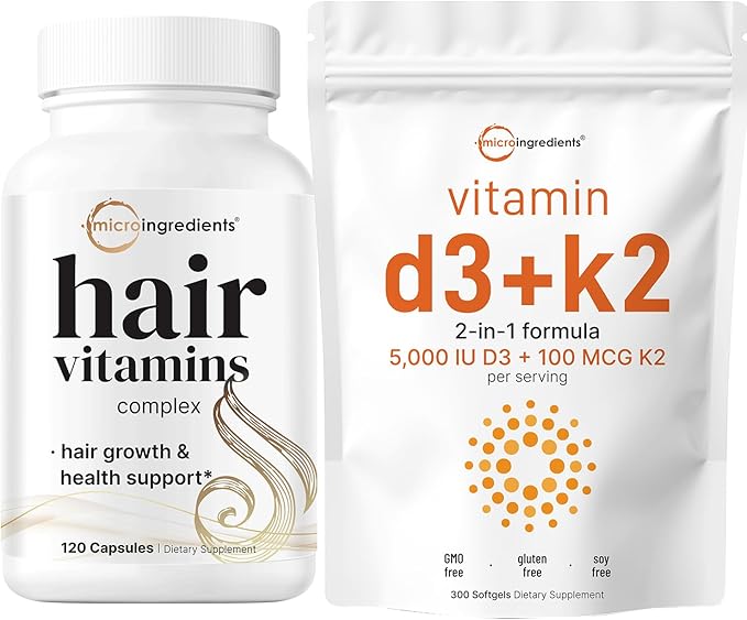 Micro Ingredients Vitamin D3 5000iu + K2 100mcg Softgels &amp Hair Vitamins Complex Capsules Bundle 2 Pack | Essential Sunshine Vitamins | 14-in-1 Advanced Hair Growth Support