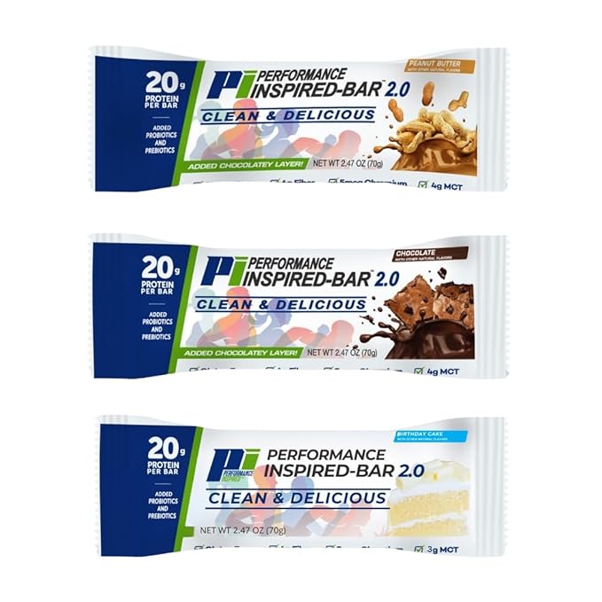 Performance Inspired Nutrition Protein Bar 2.0 – 20G Protein 6G Fiber 3G MCTs 1 Billion CFU Probiotics – Gluten-Free – Birthday Cake Flavor – 12 Count
