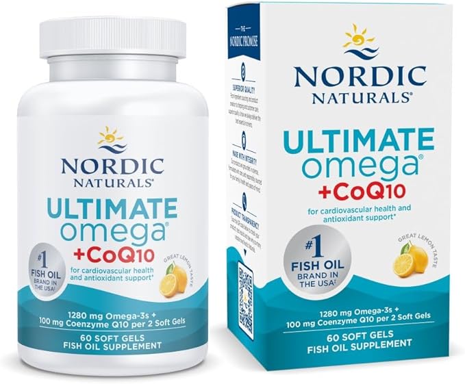 Nordic Naturals Ultimate Omega + CoQ10 Lemon - 60 Soft Gels - 1280 mg Omega-3 + 100 mg CoQ10 - Heart Health Cellular Energy Antioxidant Support - Non-GMO - 30 Servings