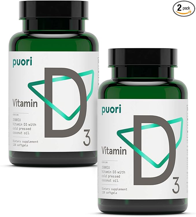 Puori Vitamin D3 Softgels 2500 IU (62.5 mcg) - Fast Absorbing Vitamin D3 Supplements for Immune System Support Bone Health &amp Density and Healthy Muscle Functions - Non-GMO &amp Gluten-Free - 24