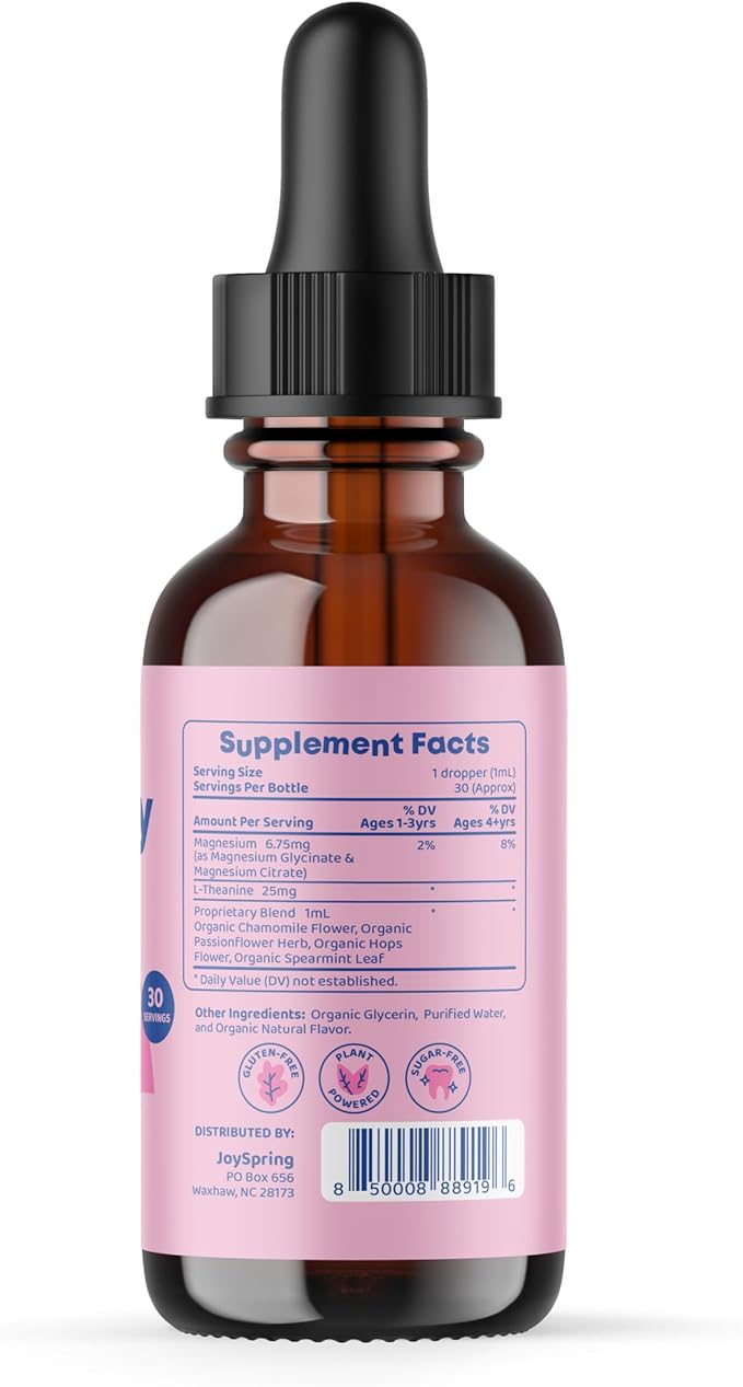 JoySpring Kids Daily Magnesium Routine – Glycinate &amp Citrate Liquid Drops with L-Theanine Chamomile &amp Passion Flower – Kid-Friendly Mineral Supplement for Children