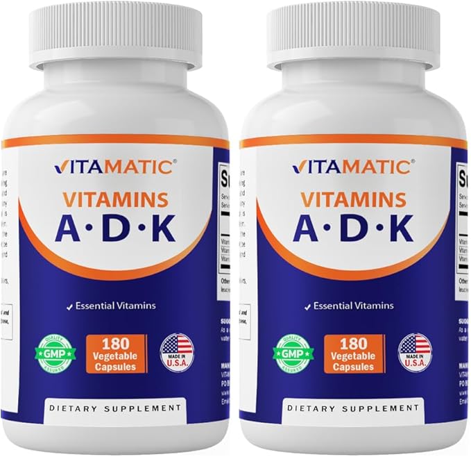 Vitamatic ADK Vitamin Supplement 180 Veg Capsules High Potency Vitamins A D3 K2 for Bone Health Calcium Absorption Non-GMO Gluten Free - 2 Pack
