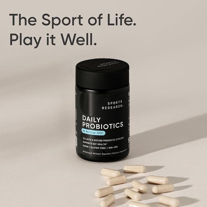 Sports Research Daily Probiotics with Prebiotics 60 Billion CFU - Vegan Capsules for Gut Health &amp Digestive Support Probiotics for Women &amp Men - Non-GMO Verified &amp Gluten Free - 30 Count