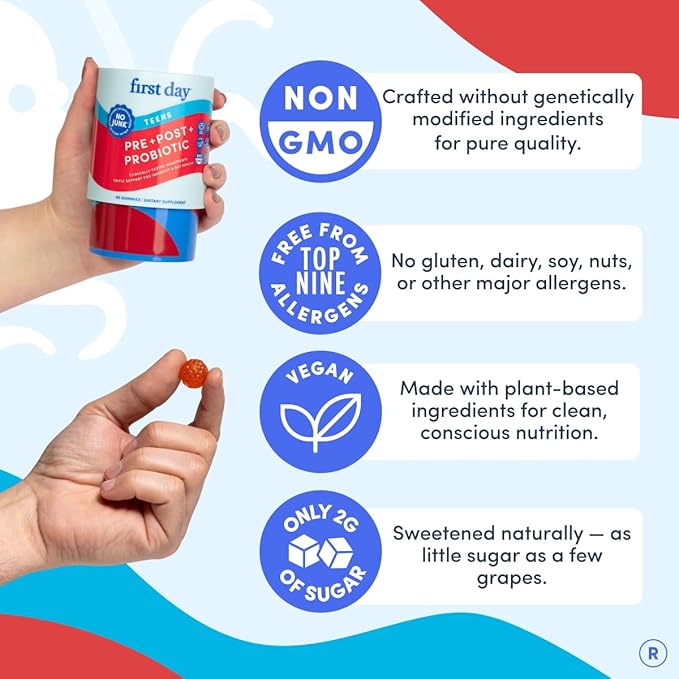 FIRST DAY Teens’ Gut Sustainer Tribiotic Gummies – 3-in-1 Prebiotic Probiotic &amp Postbiotic Supplement – Supports Digestive Skin Oral &amp Immune Health Nutrient Absorption &amp Growth – 60-D