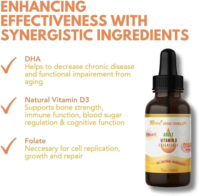 Adults Health Essentials Drops - Liquid DHA Omega 3 Natural Vitamin D3 1000 IU Folate Supplement Supports Heart Brain Eyes &amp Joint Health Supplement for The Whole Family