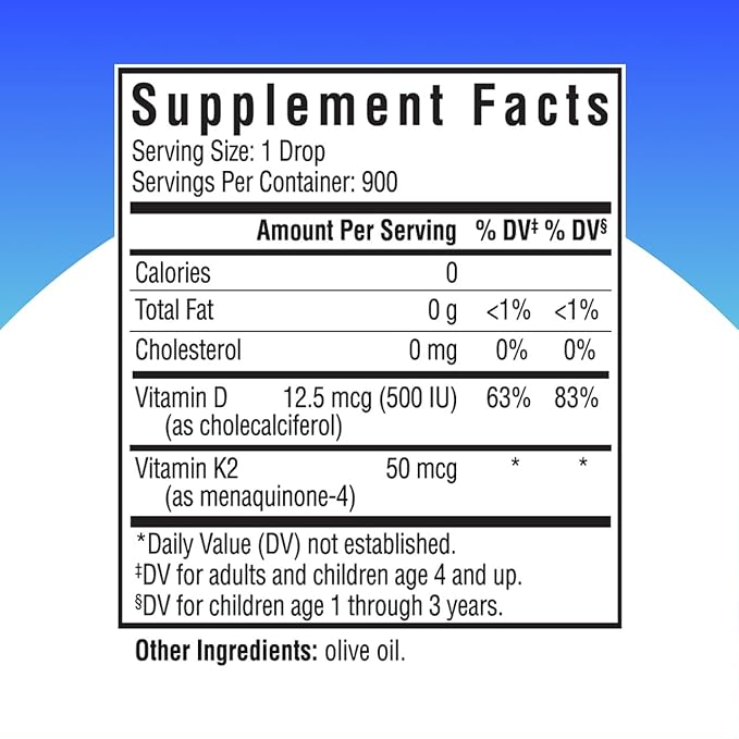 Seeking Health Vitamin D3 + K2 Drops - Liquid Vitamin D &amp K Supports Immune System Function &amp Bone Health - Aids Calcium Absorption - Aids Healthy Blood Flow &amp Circulation - 1 Fl oz (30 ML