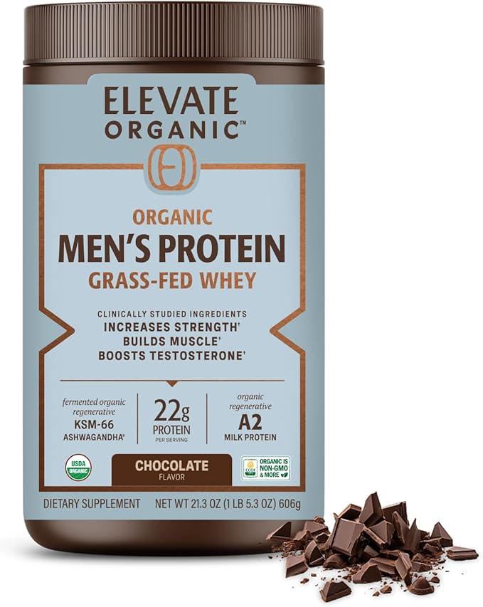 Men’s Whey Protein Powder Chocolate Grass Fed A2 Regenerative Whey with KSM-66 Ashwagandha® &amp Acti Veda™ (22g Protein)
