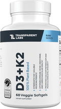 Transparent Labs Vitamin D3 K2 - Vitamin D &amp K2 Vitamin Supplement for Men &amp Women Vegan-Friendly D3K2 5000 IU Supplements to Support Bone Immune and Overall Health - K2 D3 60 Capsules