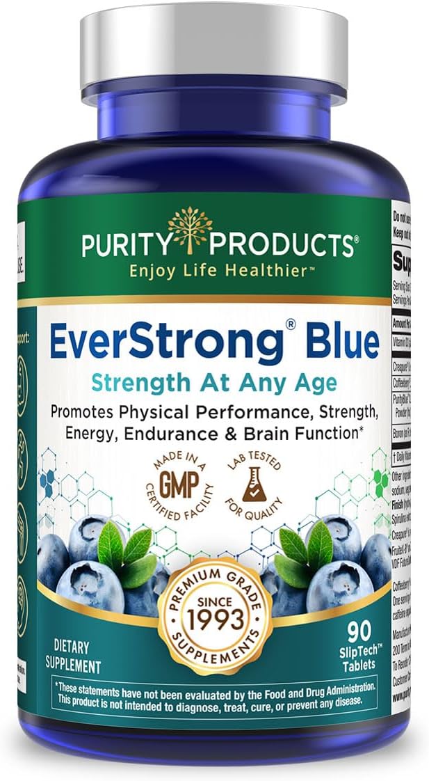 Purity Products EverStrong Blue Strength Building + Brain Boosting w/Muscle Matrix Blend ft. Creatine Monohydrate + More PurityBlue Organic Blueberry Complex 1000 IU Vitamin D3-90 Tablets