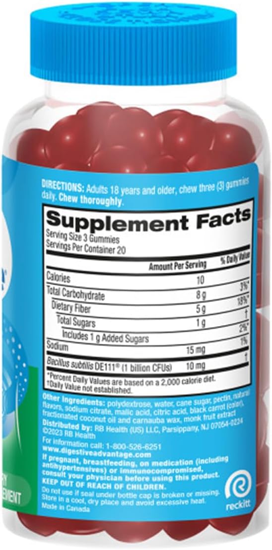 Digestive Advantage Prebiotic Fiber Supplement Strawberry Flavor Gummies with Probiotics for Women &amp Men Digestive Health Adults Regularity and Gut Health 60 Count (3 Pack)