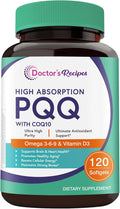 Doctor's Recipes PQQ Supplement 40 mg with CoQ10 Omega 3-6-9 Essential Fatty Acids Highly Purified and Bioavailable Brain Energy Heart Health Pyrroloquinoline Quinone Disodium Salt 120 Softgels
