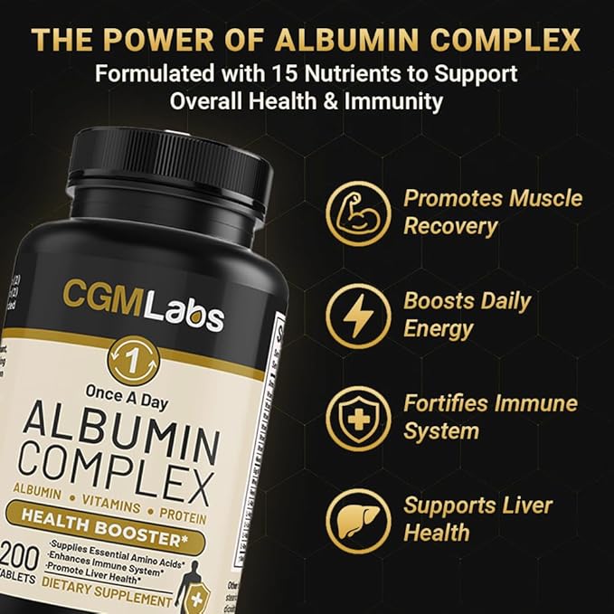 Premium Albumin Complex - Egg White &amp Whey Protein Blend with Royal Jelly &amp Essential Amino Acids - Daily Muscle Recovery &amp Nutrition Supplement - 200 Tablets