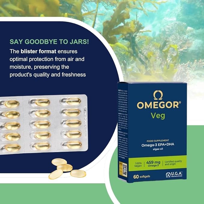 Vegan Omega 3 Supplement OMEGOR Veg - Algae Oil Omega 3 with 250mg EPA and 125mg DHA with Vitamin E - Vegan Society and IFOS Certified (60 Caps)