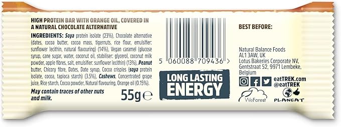 Trek High Protein Power Chocolate Orange 55g (Pack of 16 Bars)- Gluten Free - Vegan Snack