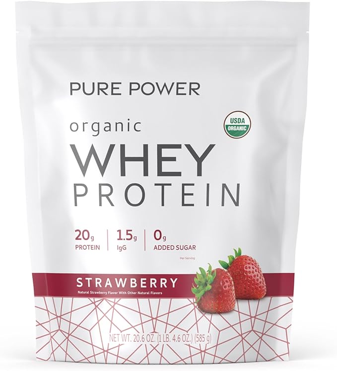 Dr. Mercola Pure Power Organic Whey Protein - 20 g Protein - Supports Muscle Growth &amp Energy - Grass-Fed Whey Concentrate - 15 Servings (20.60 oz) - Strawberry