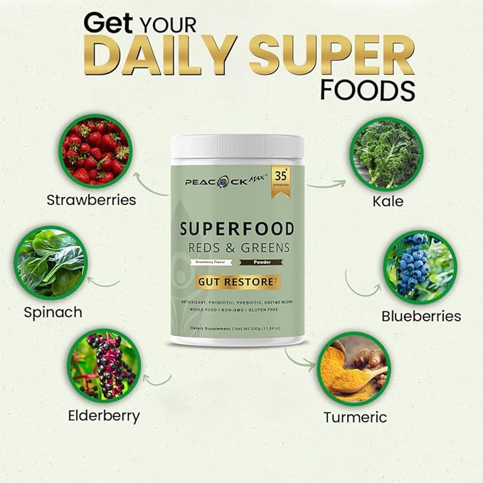 Superfood Reds &amp Greens Powder - 11.64 oz Prebiotics &amp Probiotics for Digestive Health Super Greens Powder with Ashwagandha for Gut Health Immunity Antioxidants Strawberry Flavor Vegan
