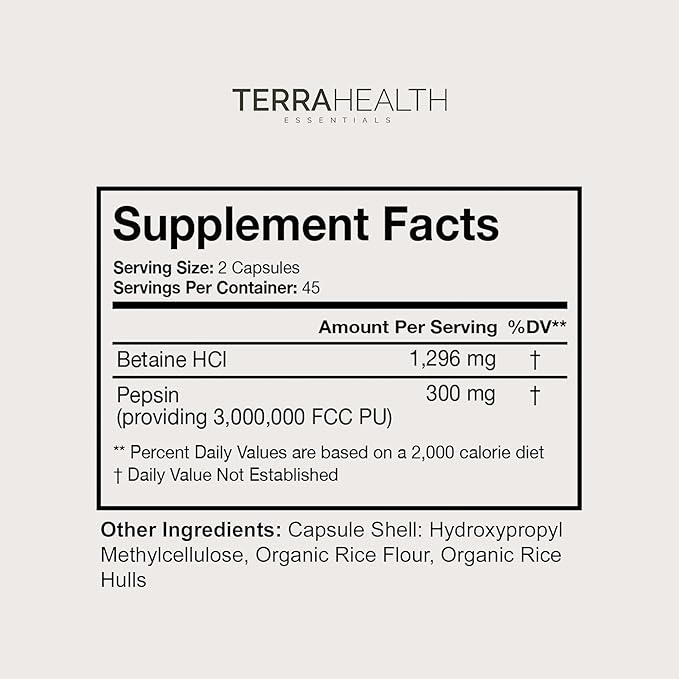 Terra Health Essentials Reflux Inhibitor - Digestive Supplement for Stomach Comfort Acid Balance &amp Nutrient Absorption - Betaine HCL with Pepsin - 30-Day Supply 90 Capsules