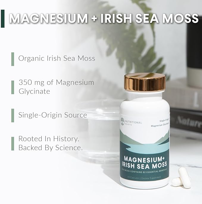 Nutritional Roots - Magnesium + Irish Sea Moss - 350mg Magnesium Glycinate &amp Organic Irish Sea Moss - Essential Minerals - Supports Heart &amp Bone Health - Dietary Supplement - 30 Servings - 60