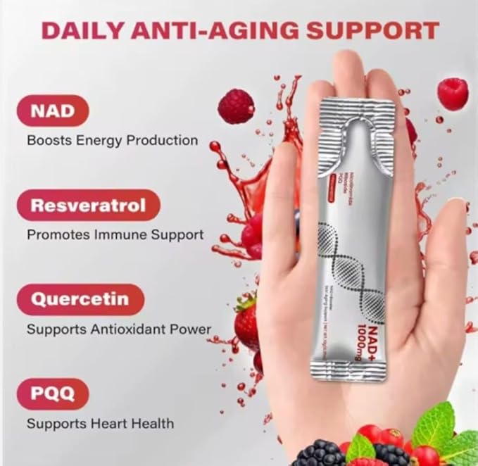 NAD+ Nicotinamide Riboside Quercetine Resveratrol PQQ 1000mg Advance Premium Supplement Liquid (30 Pockets) for Cellular Health Support Energy Boost Anti aging Brain Skin Glow for Men&ampWomen