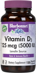 Bluebonnet Vitamin D3 5000 IU 125 mcg - Strong Bones &amp Immune Support Supplement for Women &amp Men* Soy-Free Gluten-Free Non-GMO Vegetarian - Highly Absorbable Vitamin D - 120 Veggie Capsules