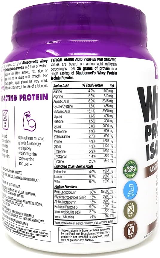 Bluebonnet Nutrition Whey Protein Isolate Powder Whey From Grass Fed Cows 26g of Protein No Sugar Added Gluten Free Soy free kosher Dairy 1 Lb 14 Servings Chocolate Flavor