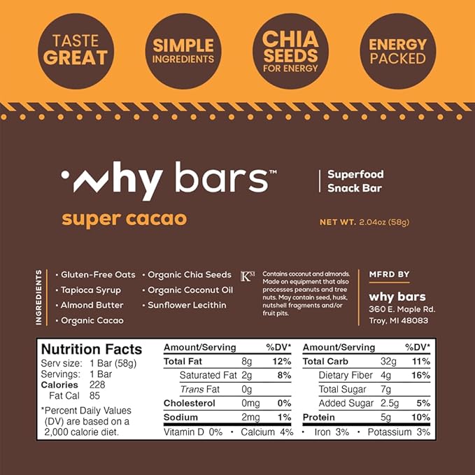 Why Bars Superfood Protein Bars Variety Pack 2.04 Ounce Bars (Pack of 12 Protein Bars) - Protein Bar Superfood Gluten Free Non GMO Organic Vegan Simple Ingredients