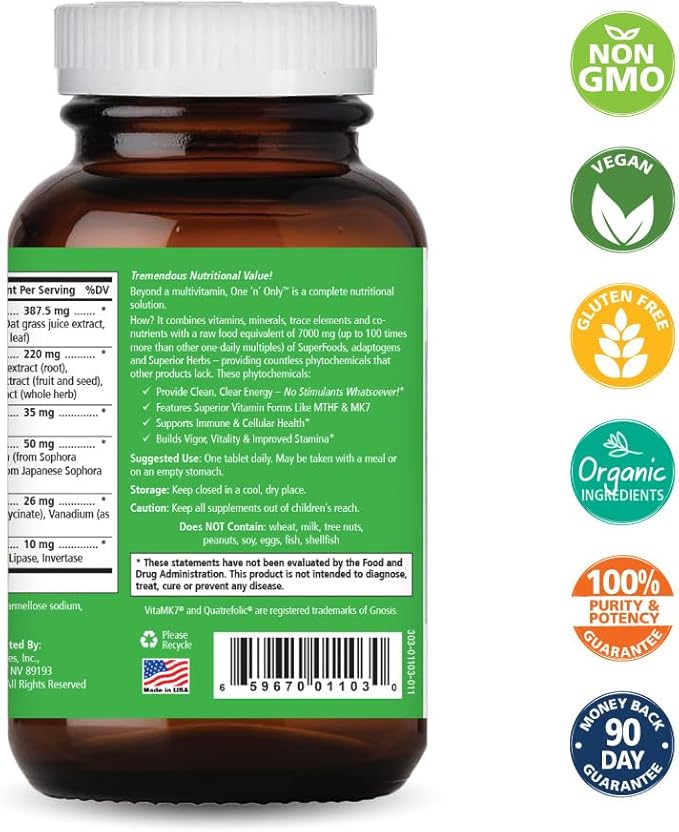 One n Only Whole Food Multivitamin by Pure Essence - Super Energetic Once a Day with Superfoods Minerals Enzymes Vitamin D D3 B12 Biotin - 30 Tablets